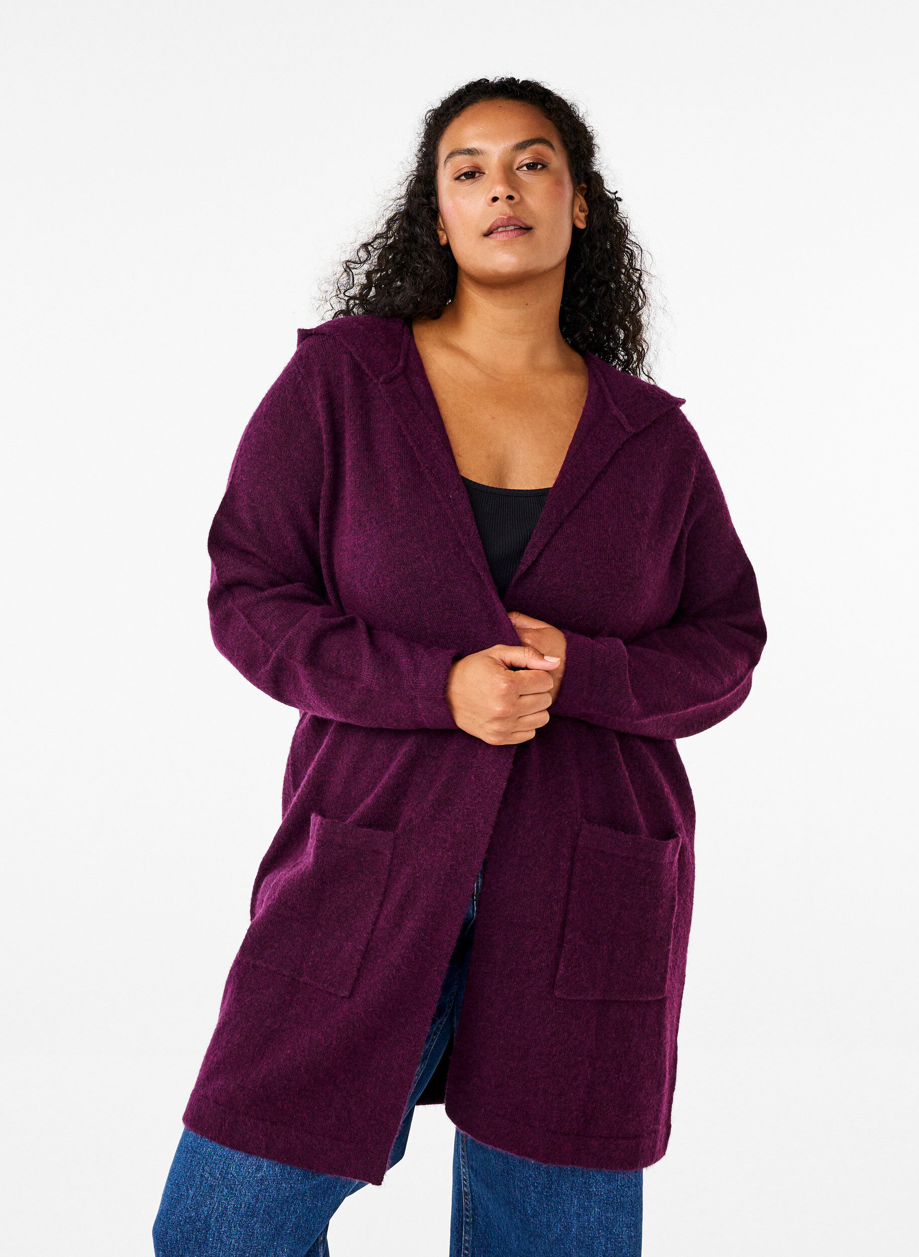 Zizzi Cardigan long tricot&eacute; contenant de la laine et capuche, Potent Purple Mel., Model image number 0