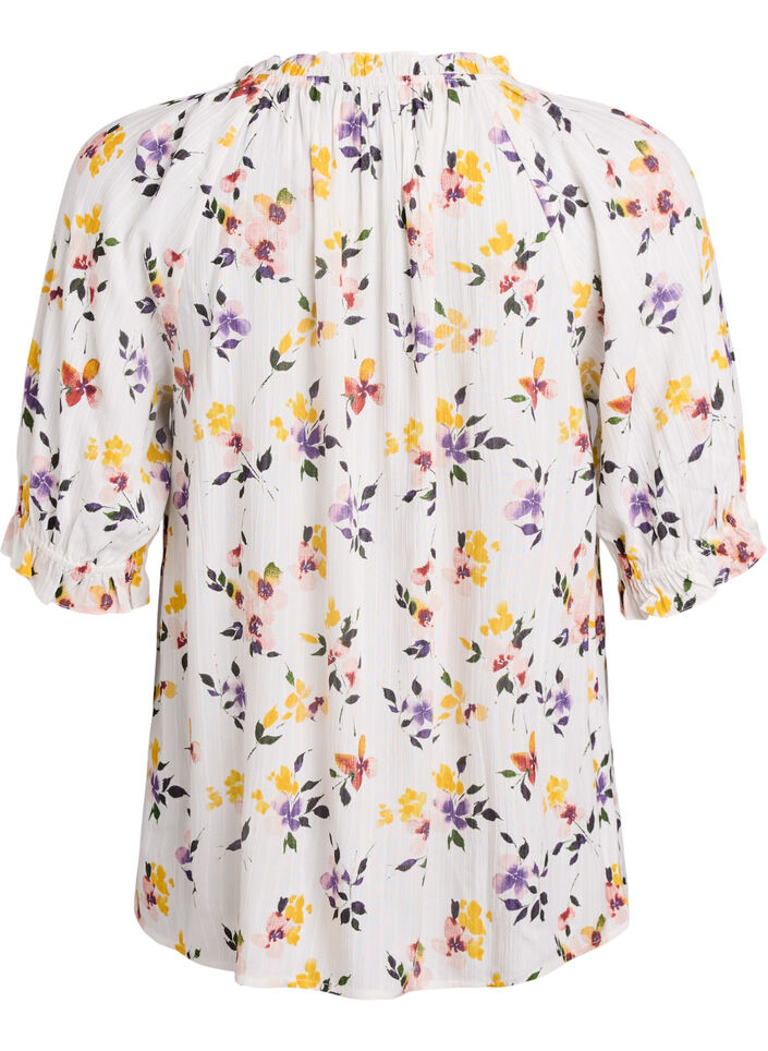 Blouse en viscose à fleurs avec manches mi-longues, Blanc, Packshot image number 1