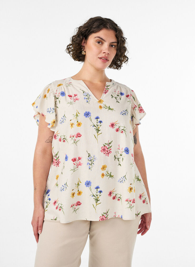 Blouse en viscose et lin avec manches &agrave; volants, Beige, Model image number 0