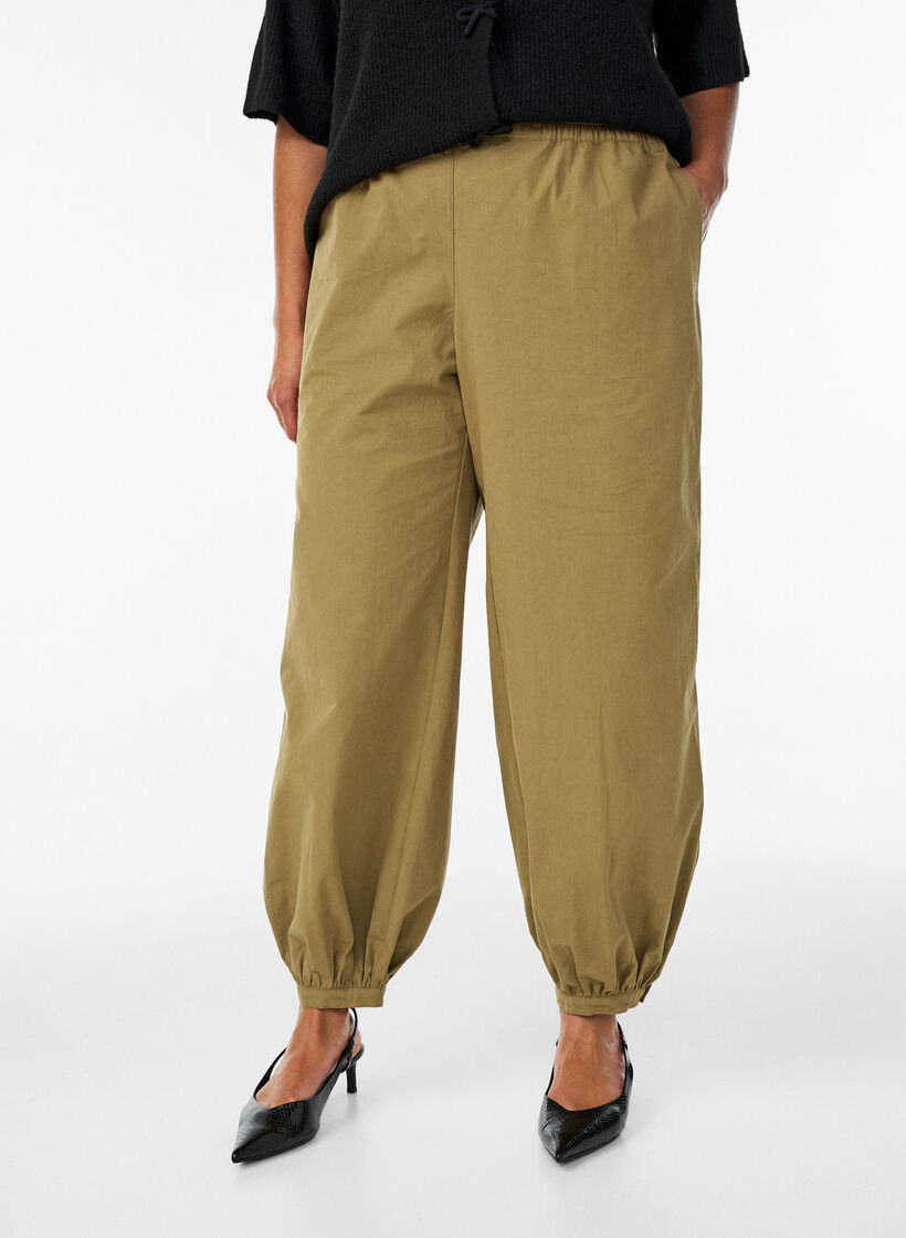 Pantalon ballon taille haute en coton, Marron, Model image number 2