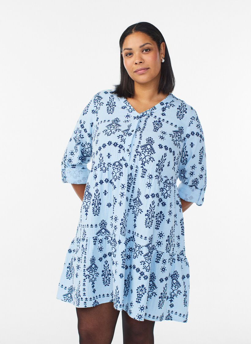 Robe courte en mousseline de coton &agrave; motif, Bleu Clair, Model image number 0