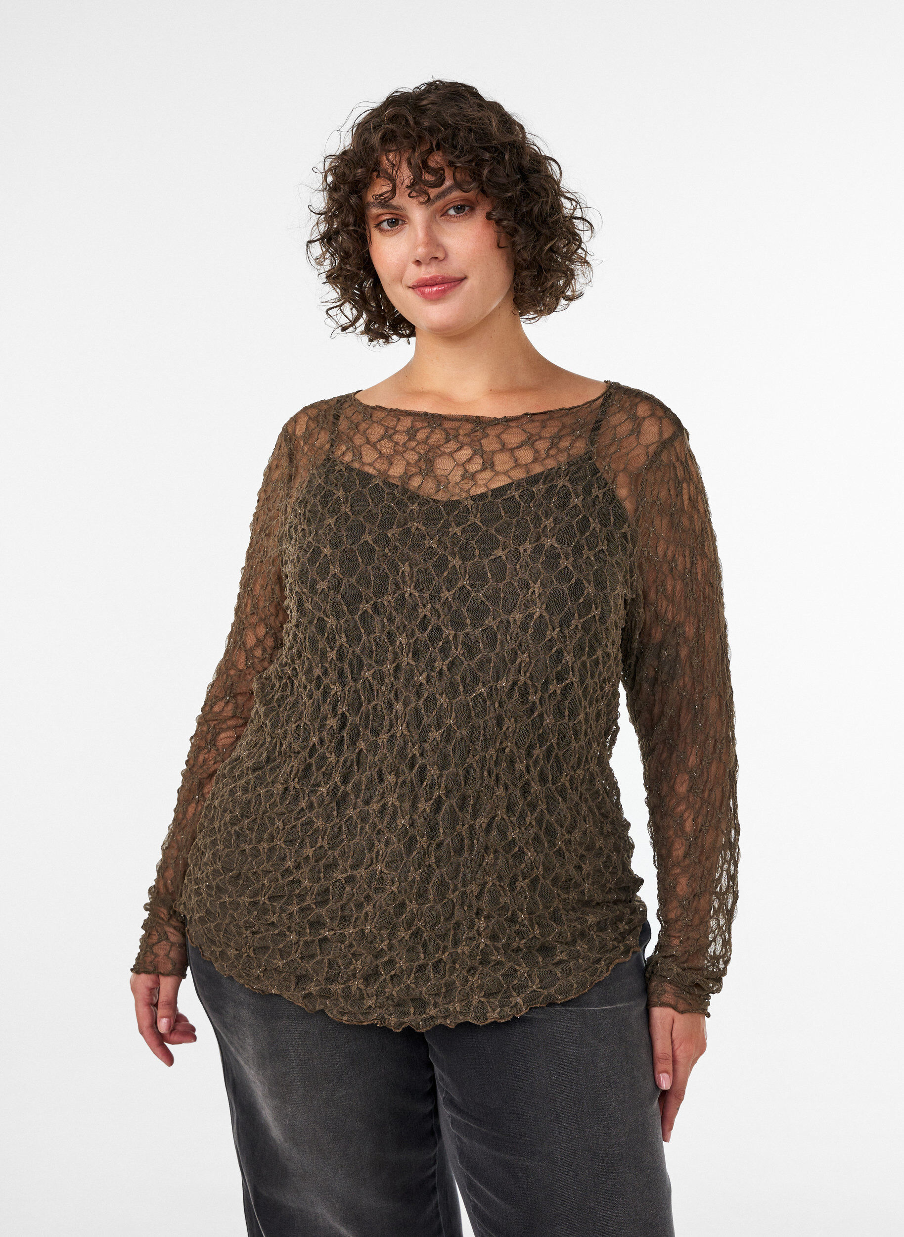 ZizziBlouse en maille &agrave; motif et fil paillet&eacute;, Marron, Model image number 0