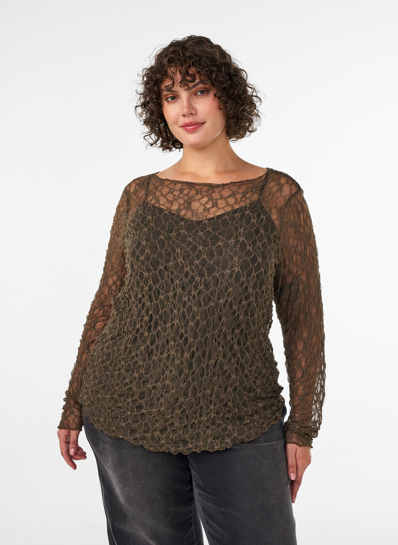 Blouse en maille &agrave; motif et fil paillet&eacute;, Marron, Model image number 0