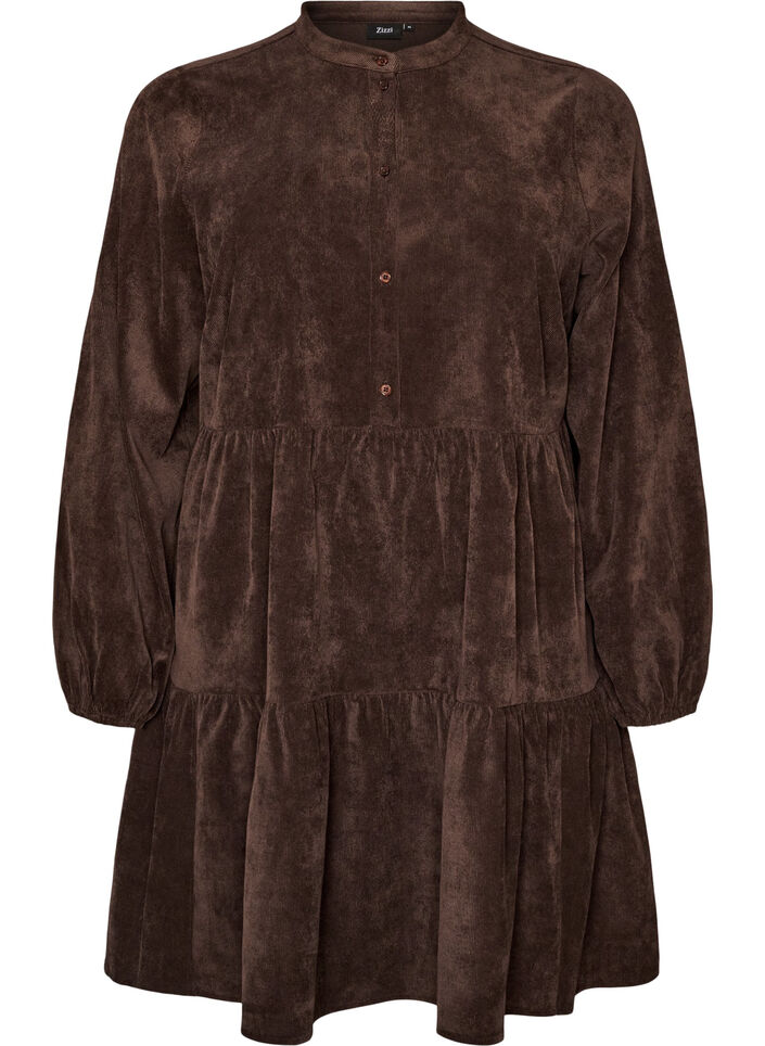 Robe en velours c&ocirc;tel&eacute; coupe A avec col montant, Marron, Packshot image number 0