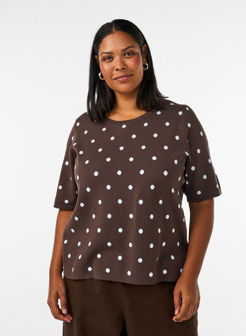 Blouse en maille &agrave; manches courtes &agrave; pois, Marron, Model image number 0