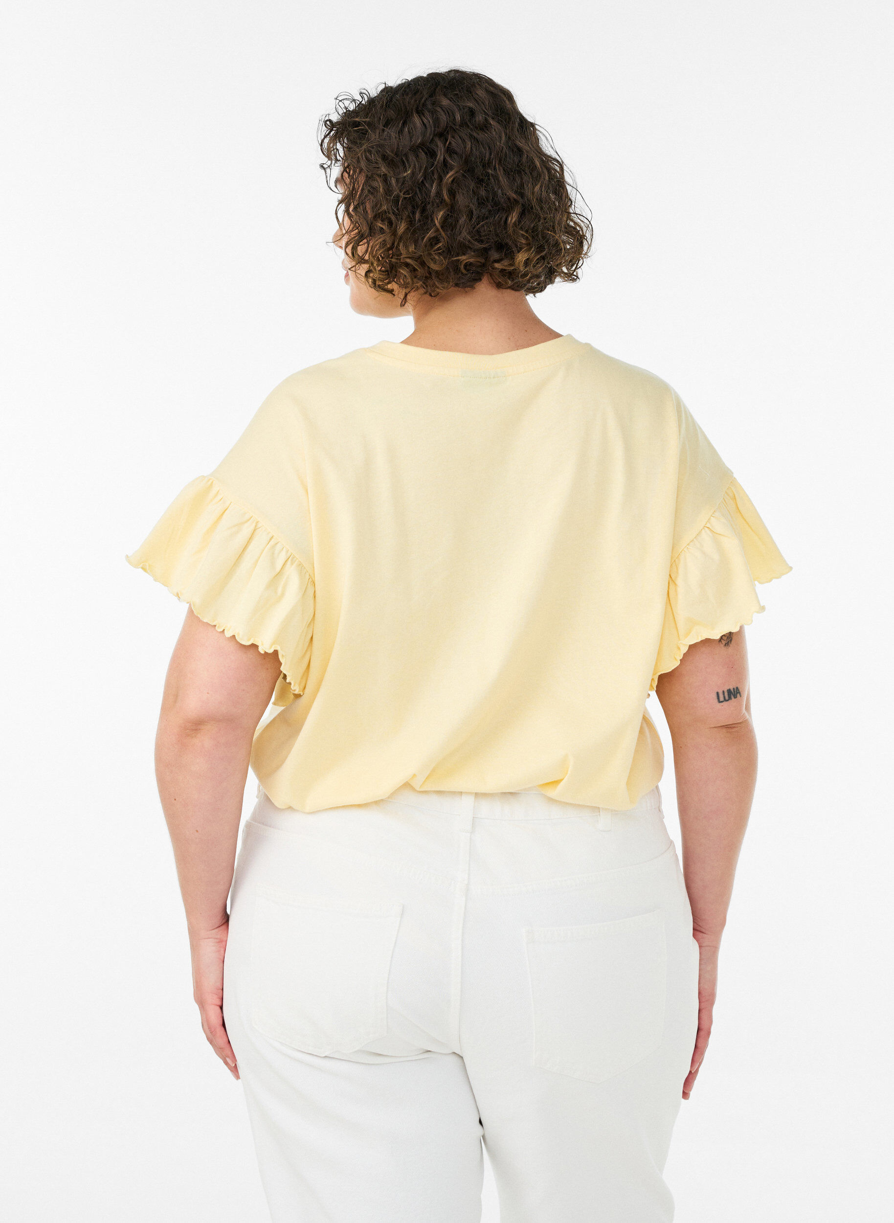 ZizziT-shirt en coton bio avec manches &agrave; volants, Jaune clair, Model image number 2