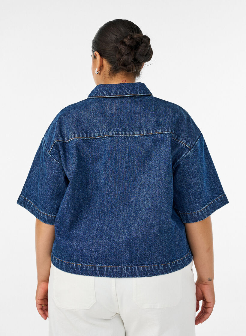 Veste en jean &agrave; manches courtes avec fermeture &agrave; boutons, Bleu, Model image number 2