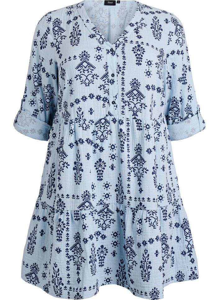 Robe courte en mousseline de coton &agrave; motif, Bleu Clair, Packshot image number 0