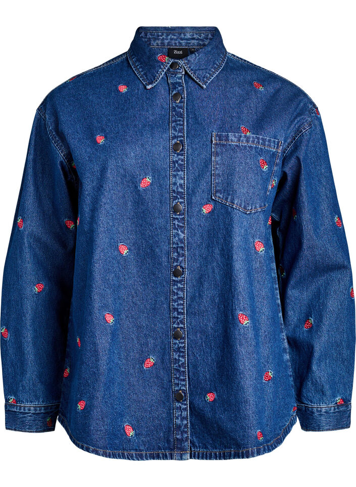 Chemise en denim avec des fraises brodées, Bleu, Packshot image number 0