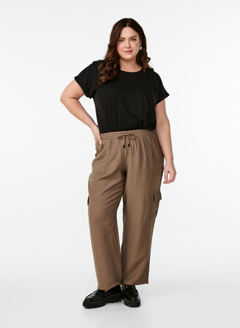 Pantalon cargo taille haute, Beige, Model image number 0