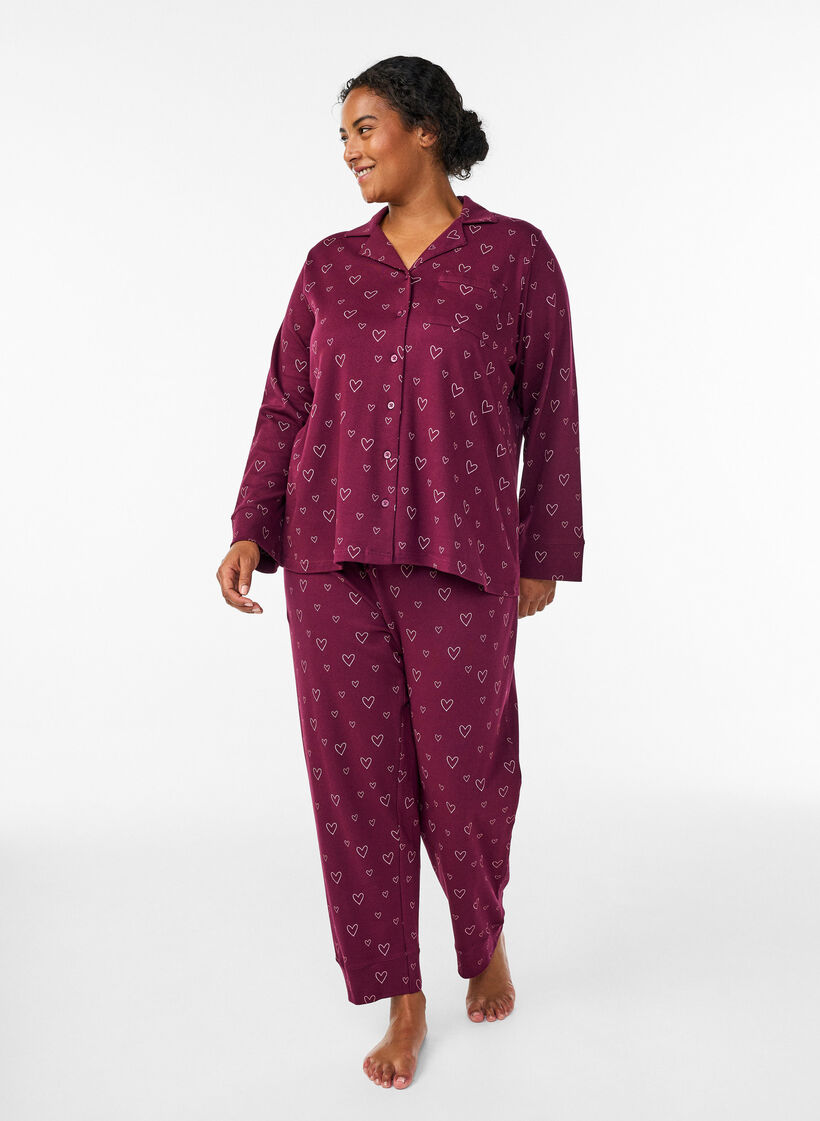 Pantalon de pyjama taille haute en coton, Bordeaux foncé, Model image number 0