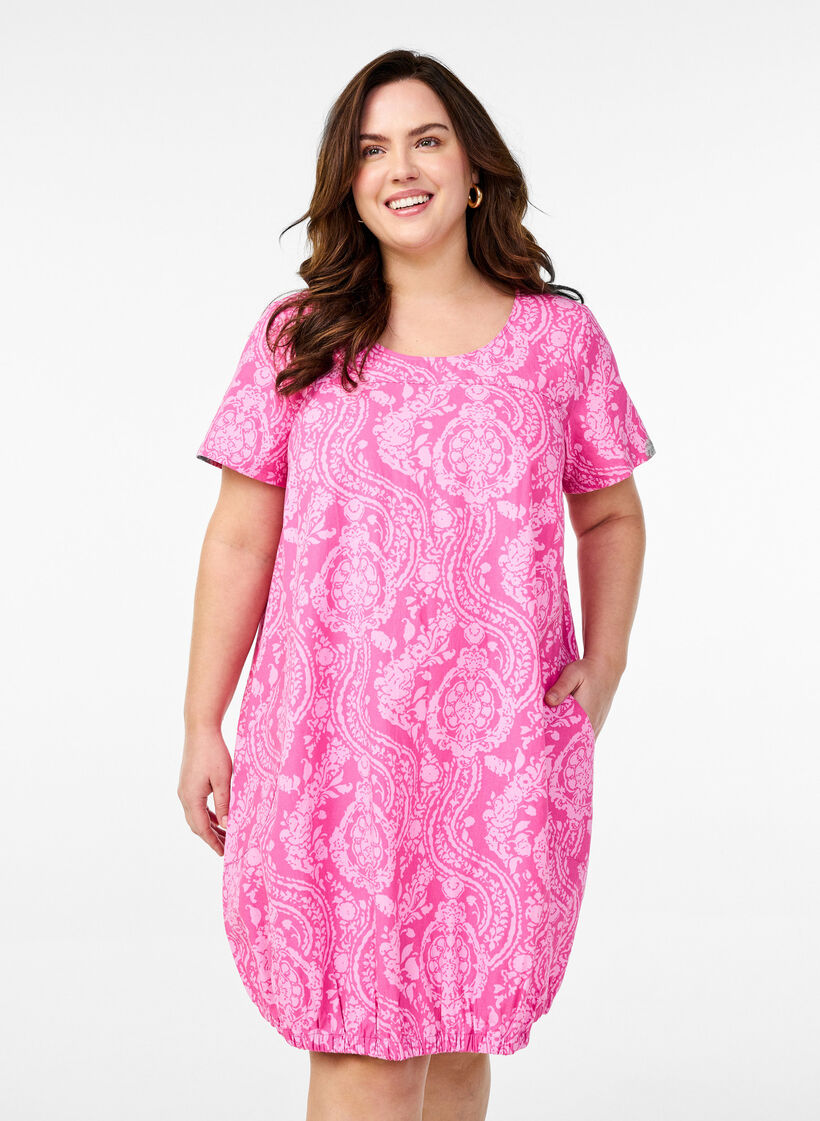 Robe en coton &agrave; manches courtes avec imprim&eacute;, Rose, Model image number 0