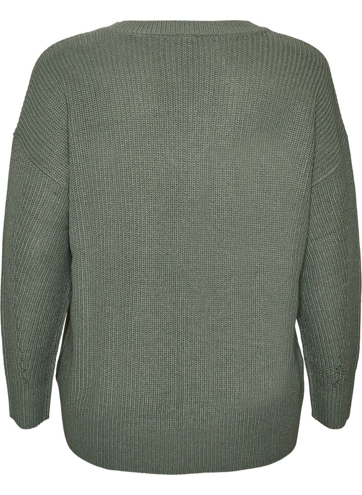 Blouse longue en maille c&ocirc;tel&eacute;e avec col en V, Vert fonc&eacute;, Packshot image number 1
