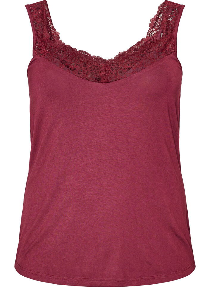 Top en viscose avec bord en dentelle, Bordeaux, Packshot image number 0