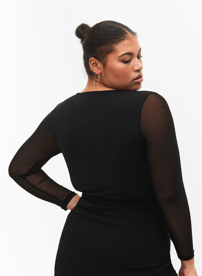 Bodystocking ajusté avec maille, Black, Model image number 1