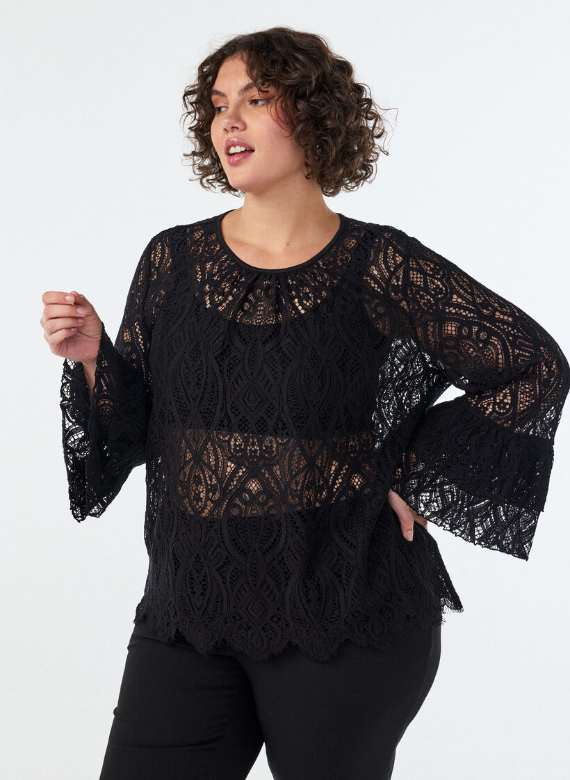Blouse en dentelle avec manches longues trompette et volants, Noir, Model image number 0