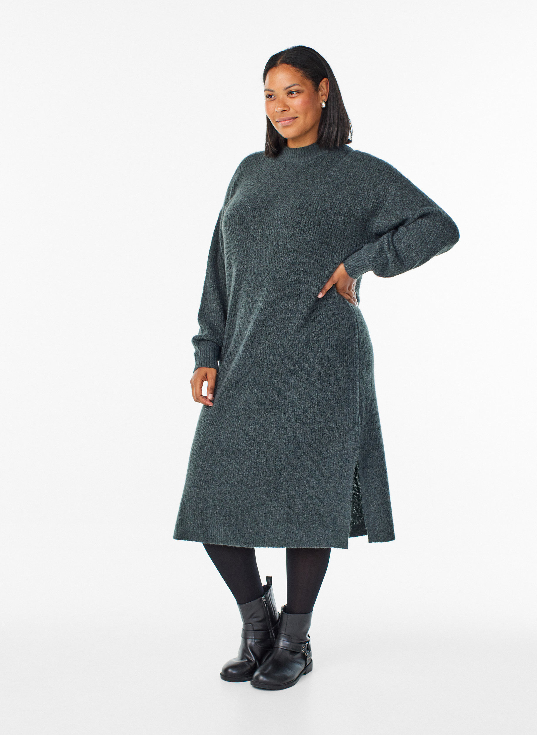 Robe longue en maille &agrave; col montant, Vert fonc&eacute;, Model