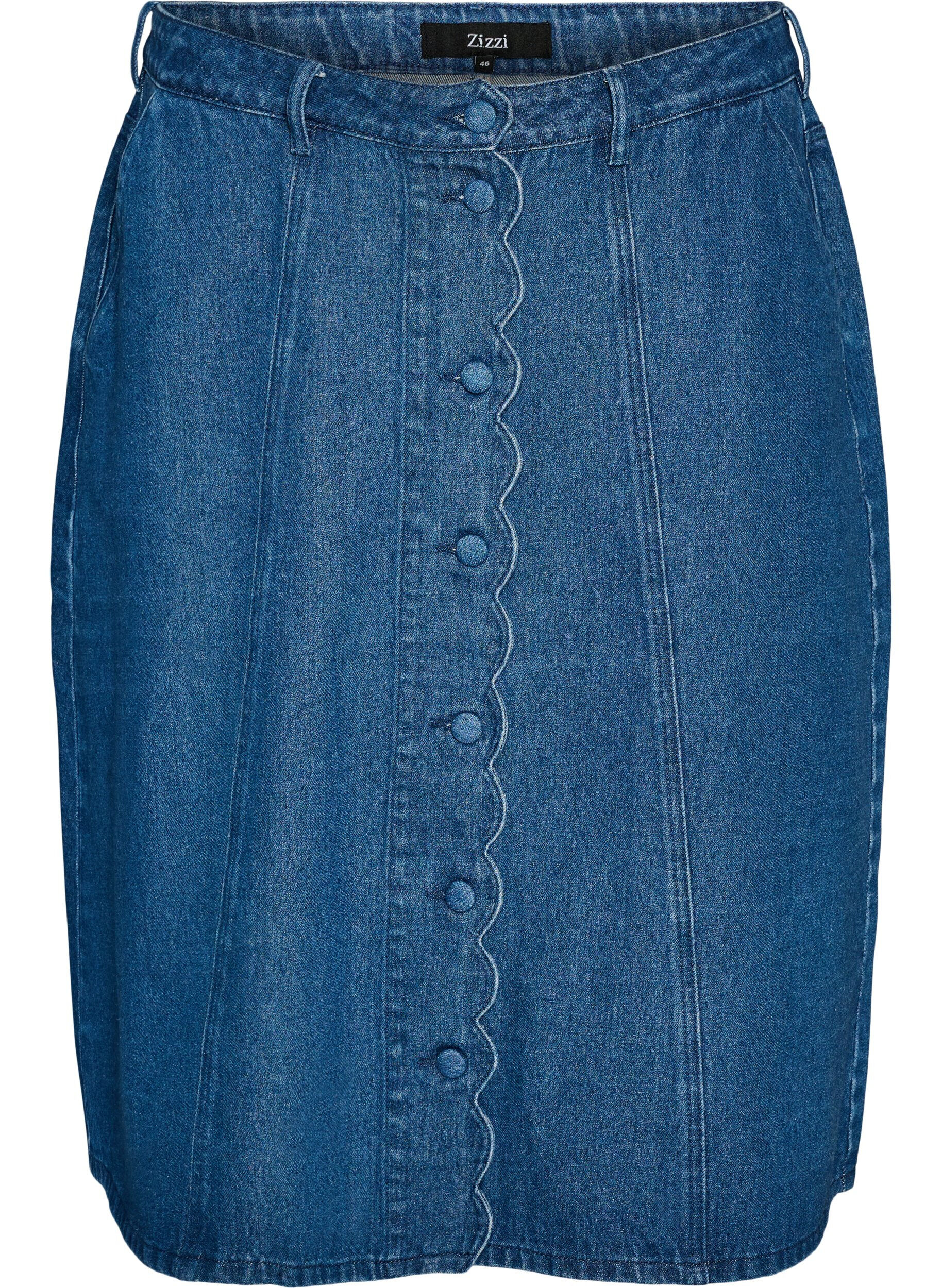 ZizziJupe en jean coupe &eacute;vas&eacute;e avec patte de boutonnage ondul&eacute;e, Bleu, Packshot image number 0