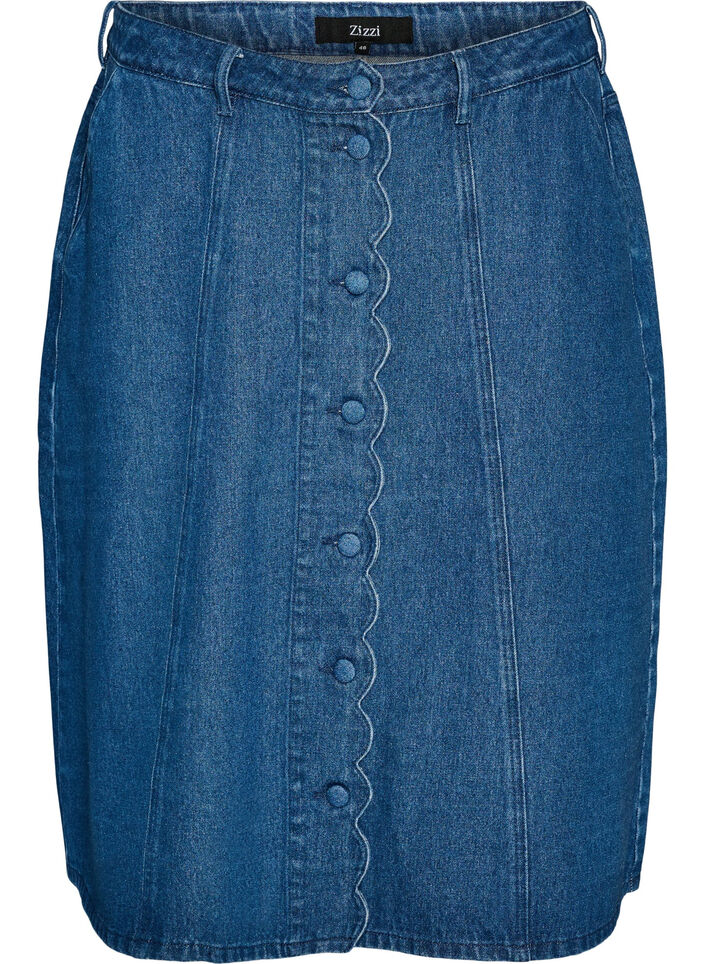 Jupe en jean coupe &eacute;vas&eacute;e avec patte de boutonnage ondul&eacute;e, Bleu, Packshot image number 0