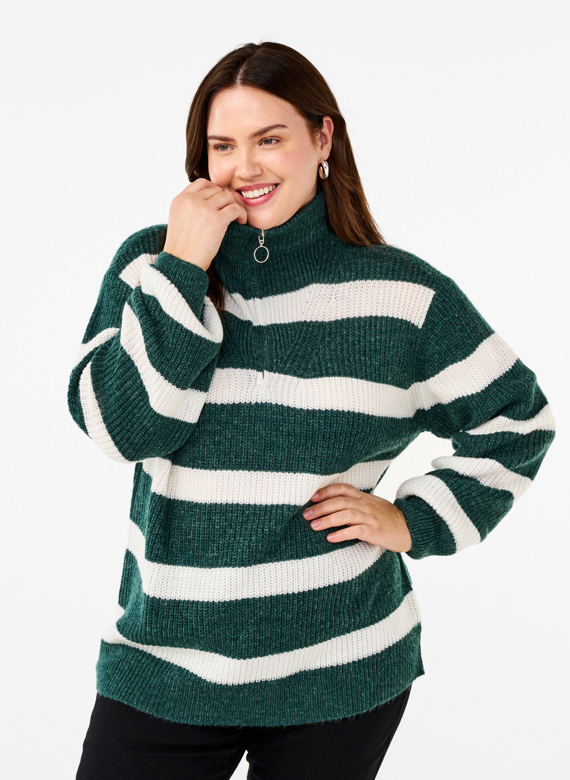 Zizzi FLASH - Pull en tricot avec col haut et fermeture &eacute;clair, Vert, Model image number 0