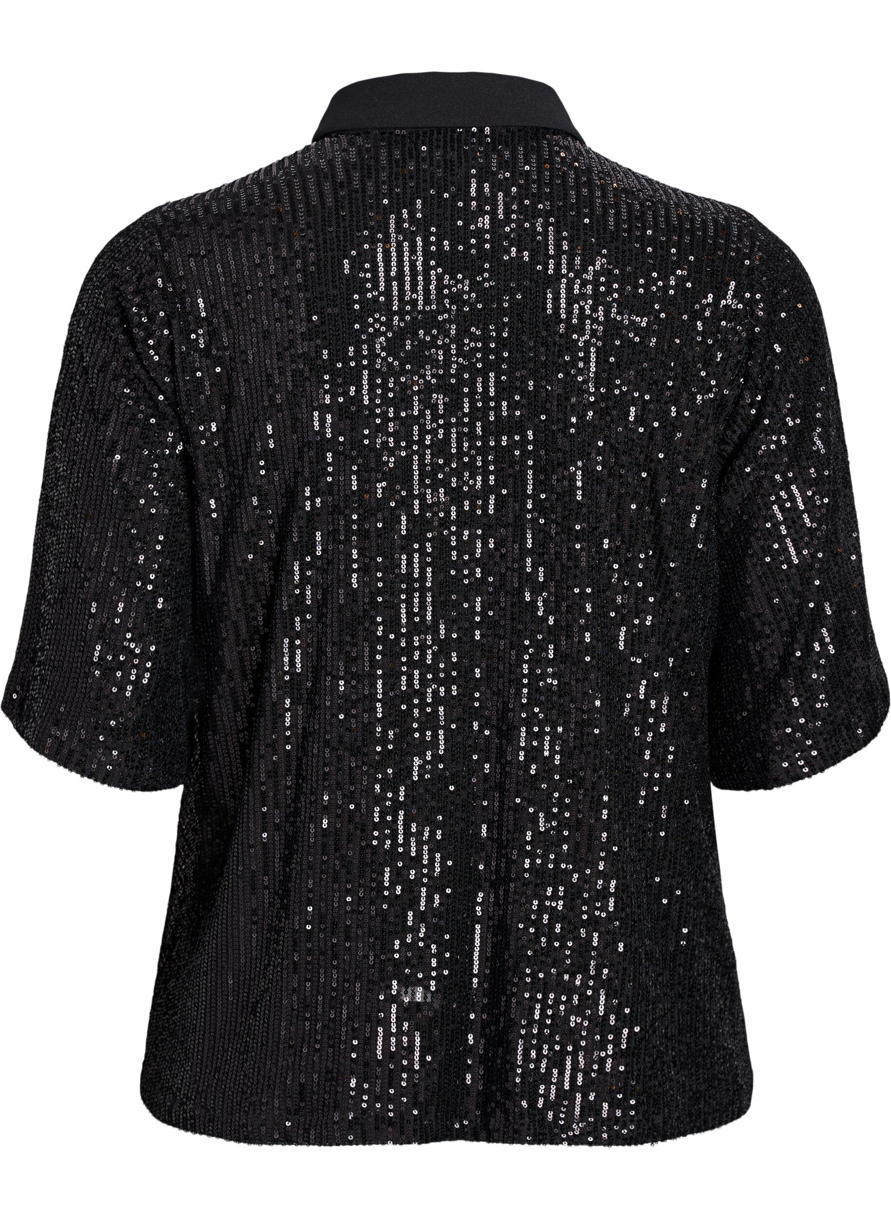 Zizzi Blouse &agrave; paillettes avec col polo et manches courtes, Noir, Packshot image number 1