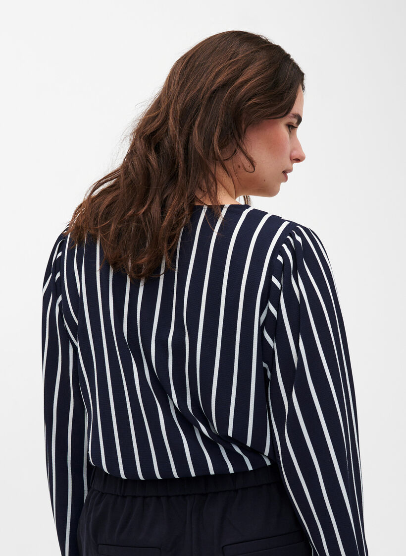 Blouse avec col en V et imprimé, Maritime Blue Stripe, Model image number 1