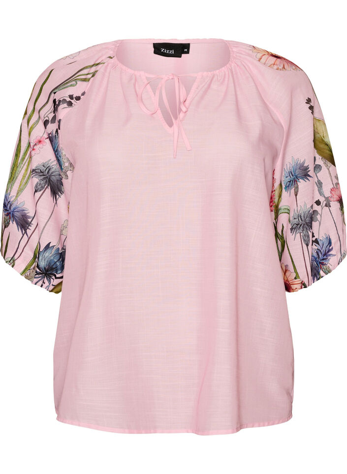 Blouse avec lien &agrave; nouer et manches &agrave; imprim&eacute; fleuri, Rose, Packshot