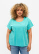 Blouse à manches courtes en coton mélangé avec du lin, Turquoise, Model image number 0