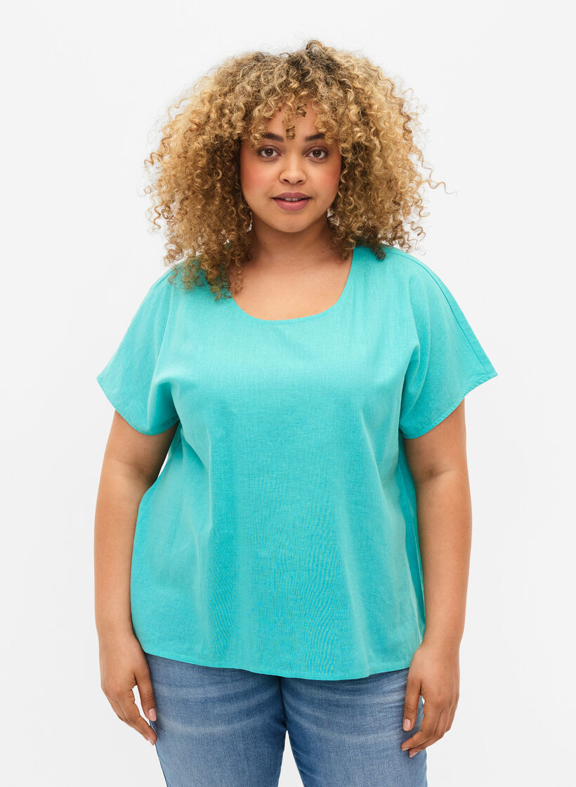 Blouse à manches courtes en coton mélangé avec du lin, Turquoise, Model image number 0