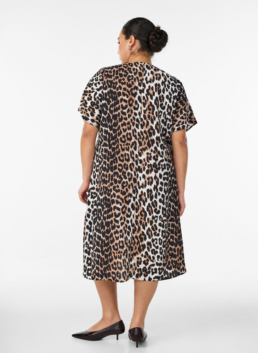 Robe &agrave; col en V en viscose, Marron, Model image number 1