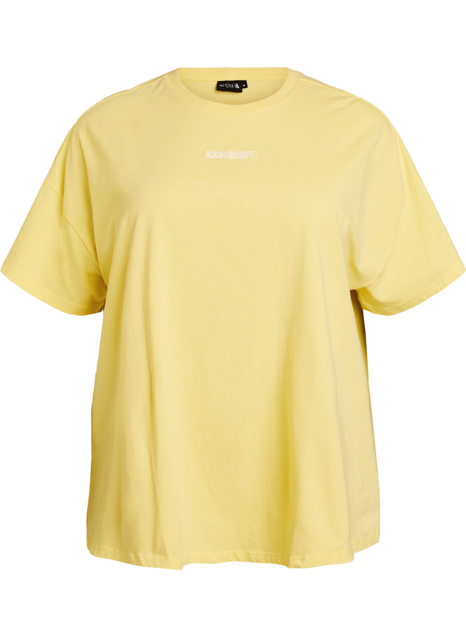 Zizzi T-shirt en coton bio avec un petit motif sur le devant, Jaune, Packshot image number 0
