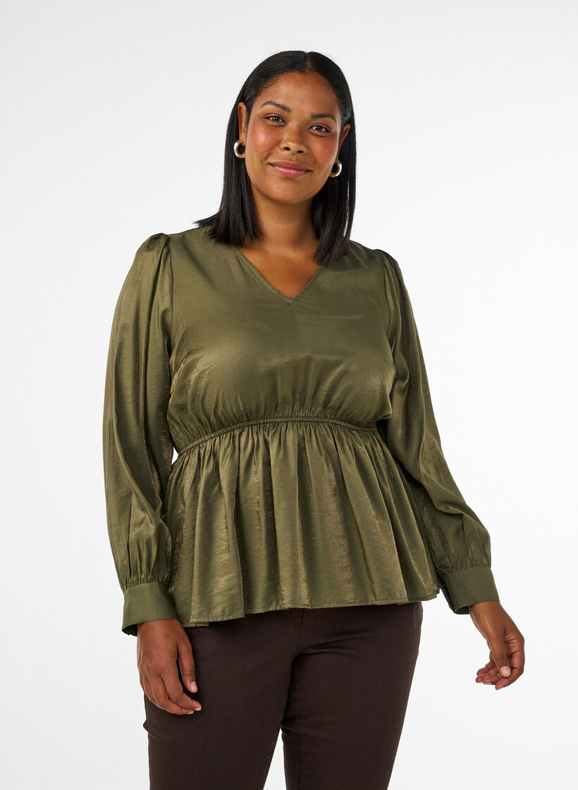 Blouse brillante en viscose &agrave; effet p&eacute;plum, Vert Kaki, Model image number 0