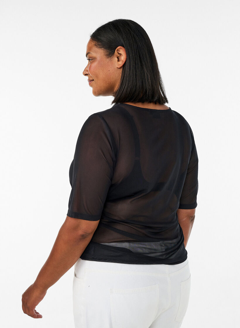 Top en maille avec manches courtes et col rond, Noir, Model image number 1