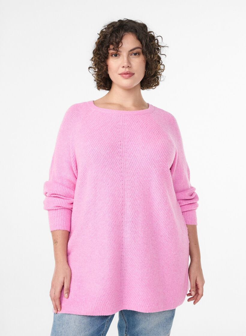 Pull en maille &agrave; motif diagonal et manches raglan, Rose, Model image number 0