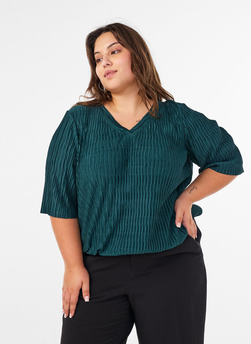 Blouse avec texture ondul&eacute;e et coupe ballon, Vert fonc&eacute;, Model image number 0