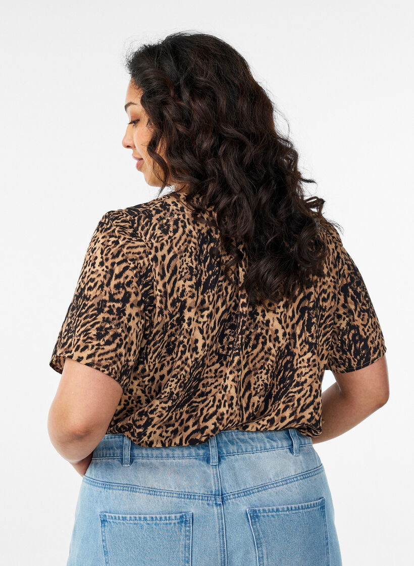Blouse &agrave; manches courtes et encolure en V, Marron, Model image number 2