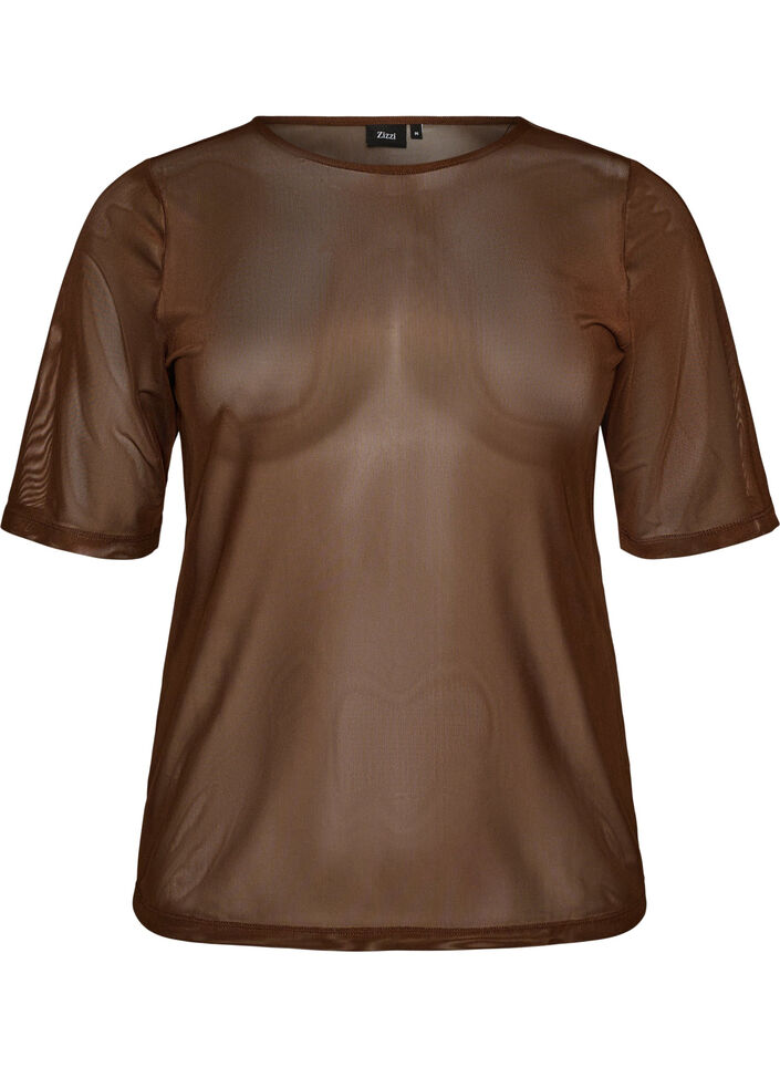 Top en maille avec manches courtes et col rond, Marron, Packshot image number 0