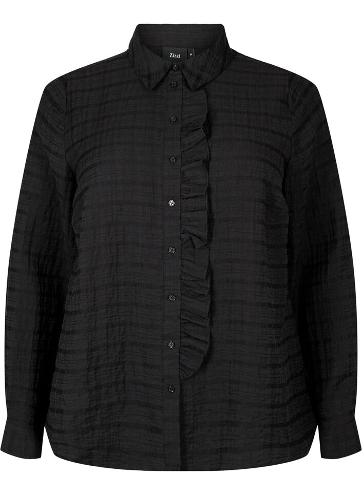 Chemise avec structure et détails volantés, Black, Packshot image number 0