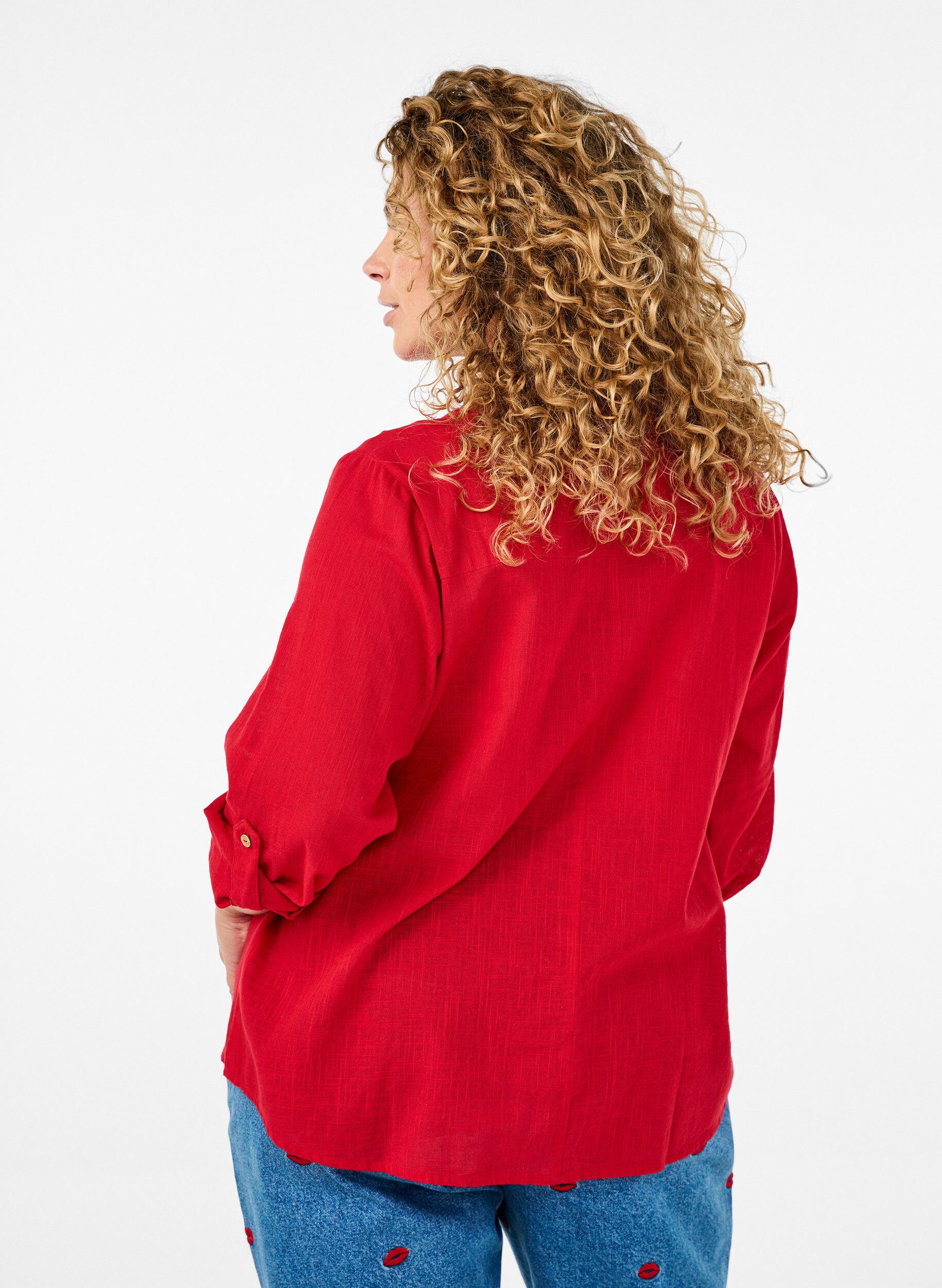 ZizziChemisier en coton avec un col en V, Rouge, Model image number 2