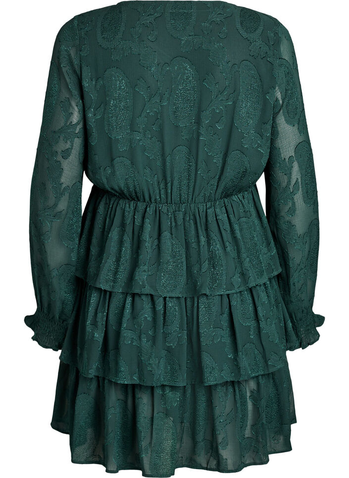 Robe courte à volants et motif texturé, Vert foncé, Packshot image number 1