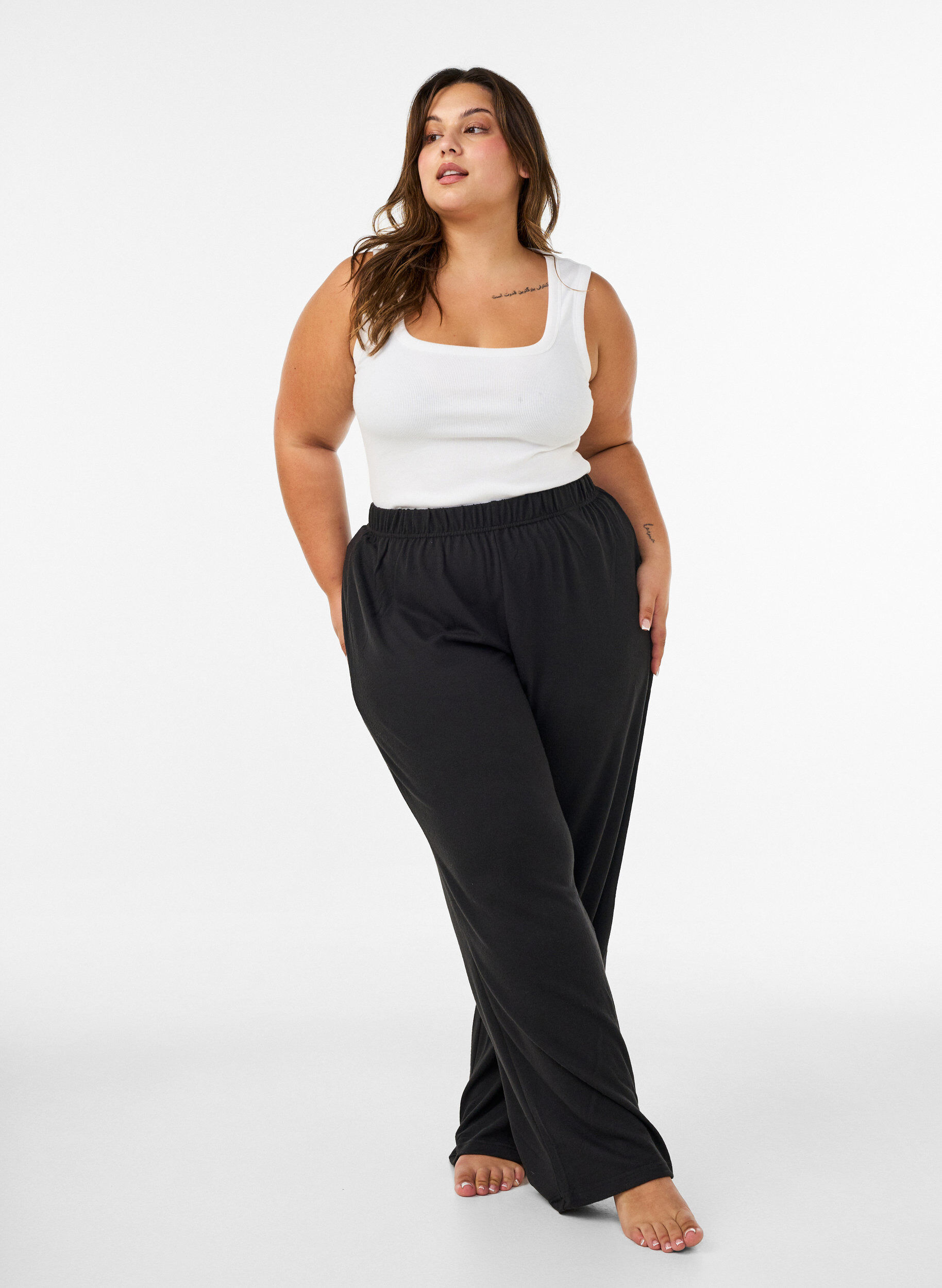 Pantalon ample taille haute en jersey, Noir, Model