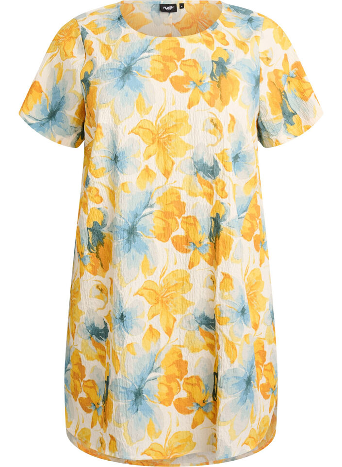 Robe courte avec texture froiss&eacute;e et manches courtes, Jaune, Packshot image number 0