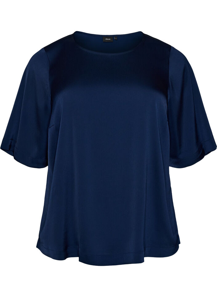 Blouse en satin &agrave; manches au coude, Bleu, Packshot image number 0