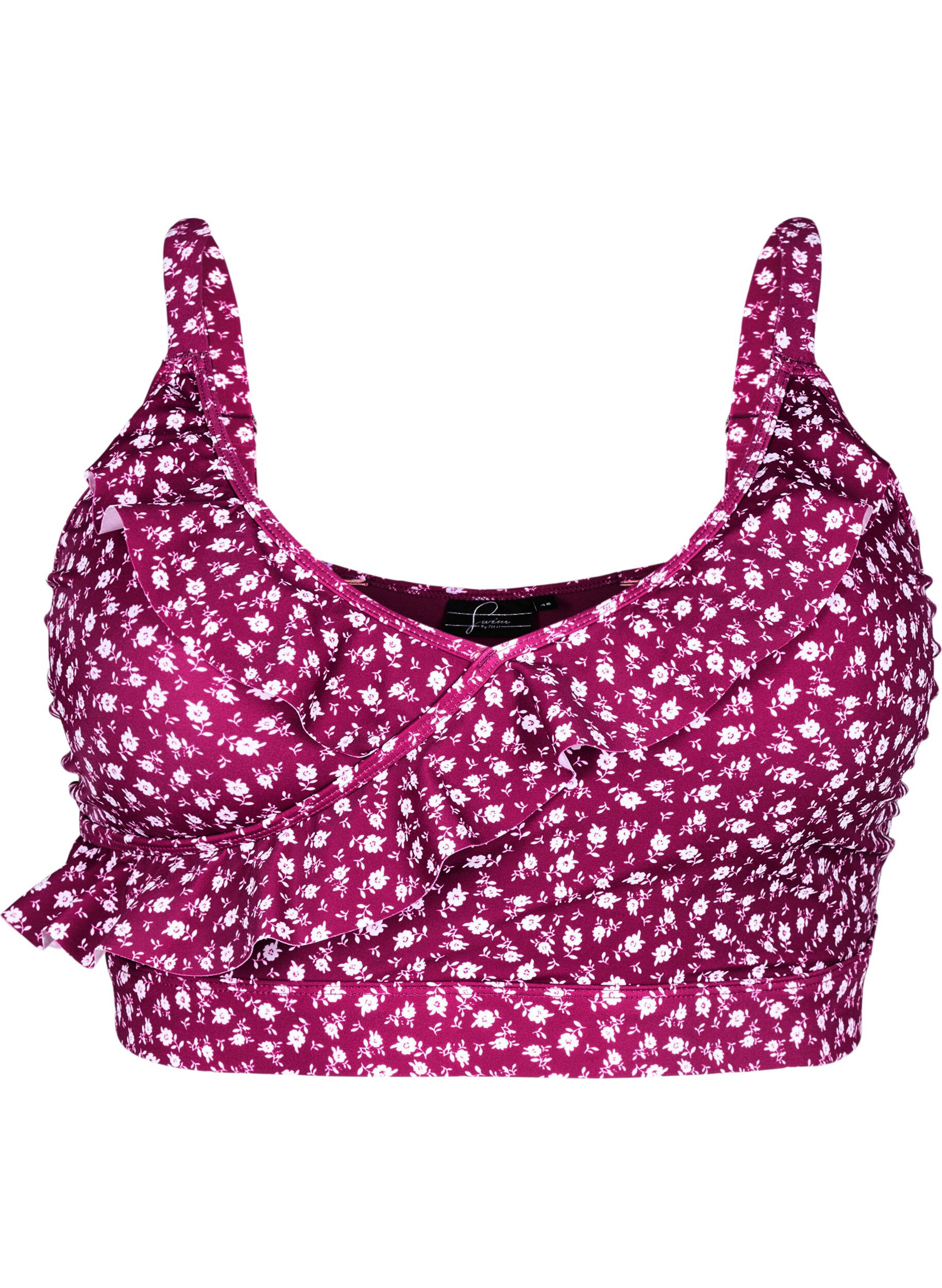 ZizziHaut de bikini &agrave; fleurs et &agrave; d&eacute;tails de jabot, Bordeaux, Packshot image number 0