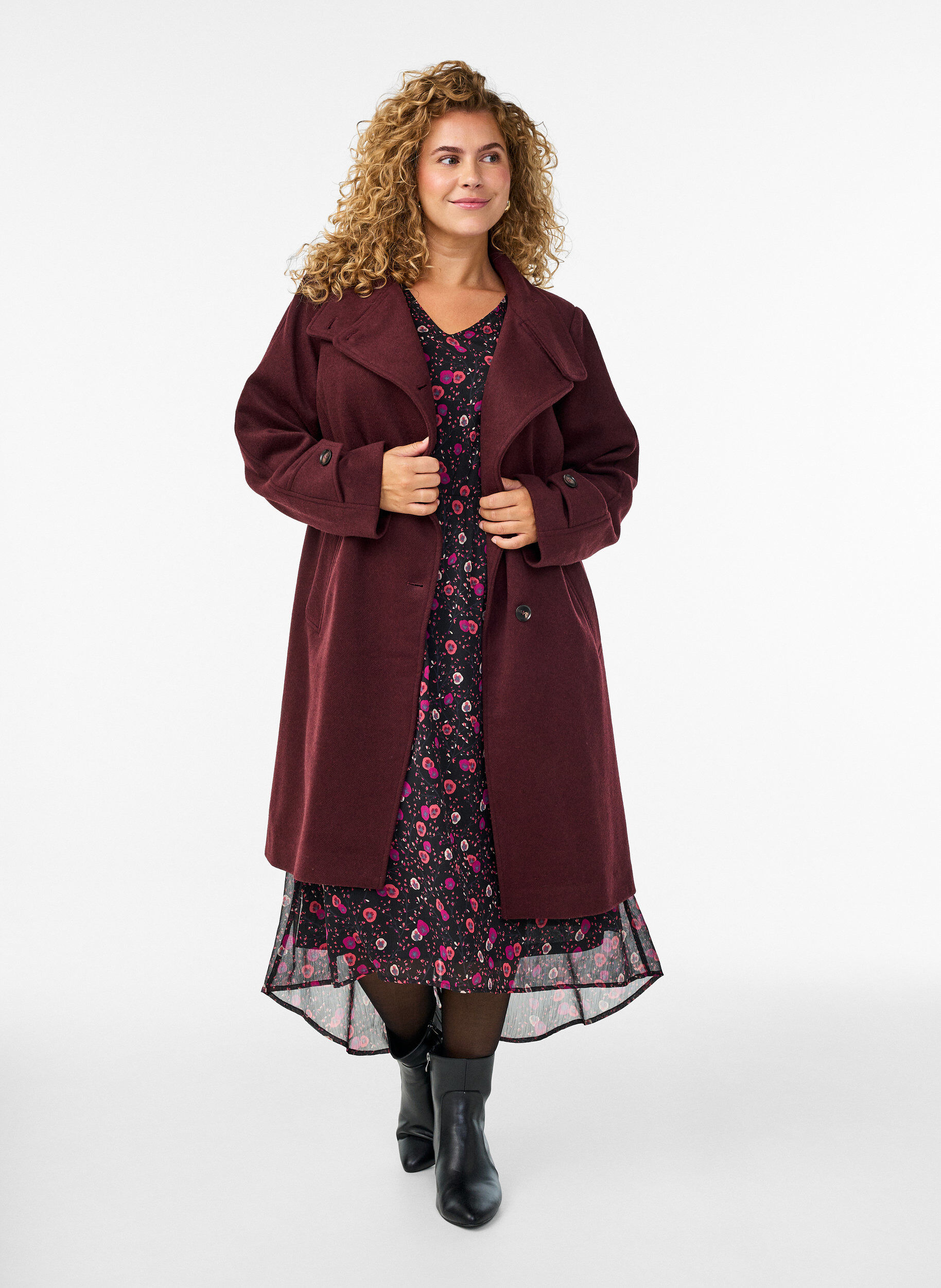 Zizzi Manteau en laine avec col montant, Bordeaux, Model image number 1