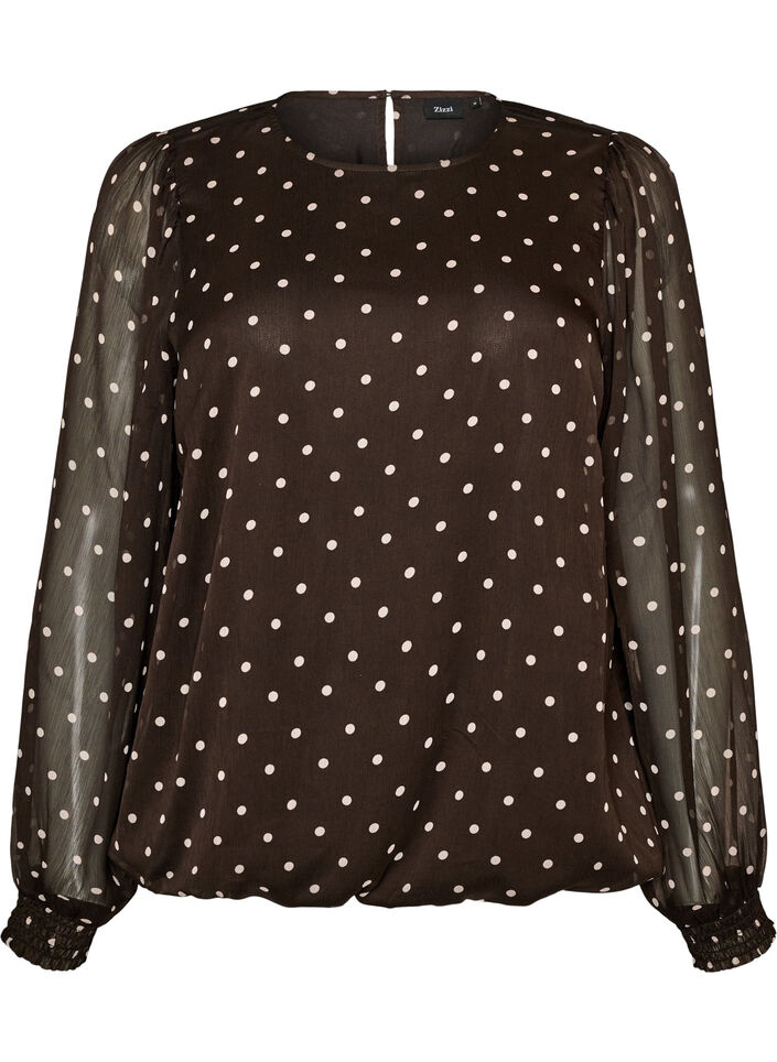 Blouse en mousseline &agrave; pois avec manches transparentes, Marron, Packshot image number 0