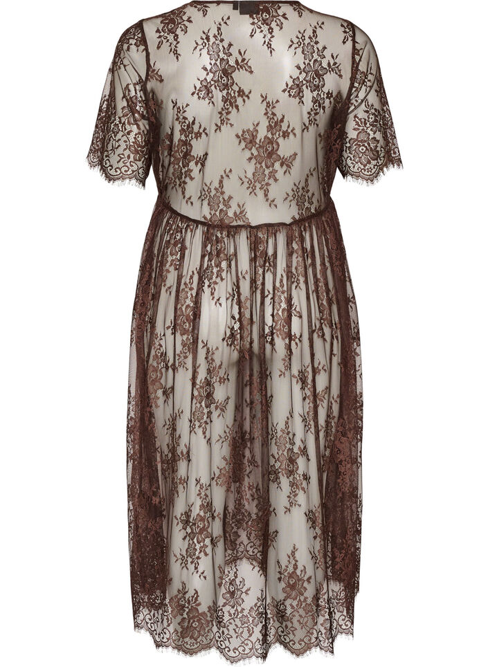 Robe mi-longue en dentelle transparente &agrave; manches courtes, Marron, Packshot image number 1