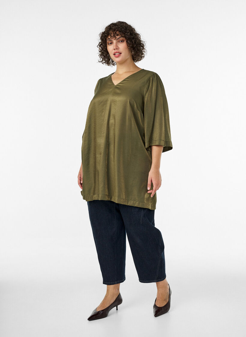 Tunique brillante avec col en V et manches 3/4, Vert Kaki, Model image number 1