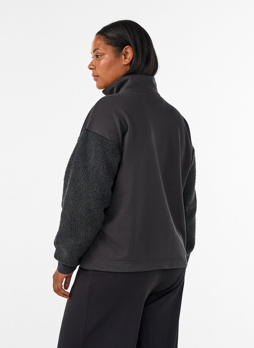 Sweatshirt avec manches en mati&egrave;re teddy et col montant, Gris anthracite, Model image number 2