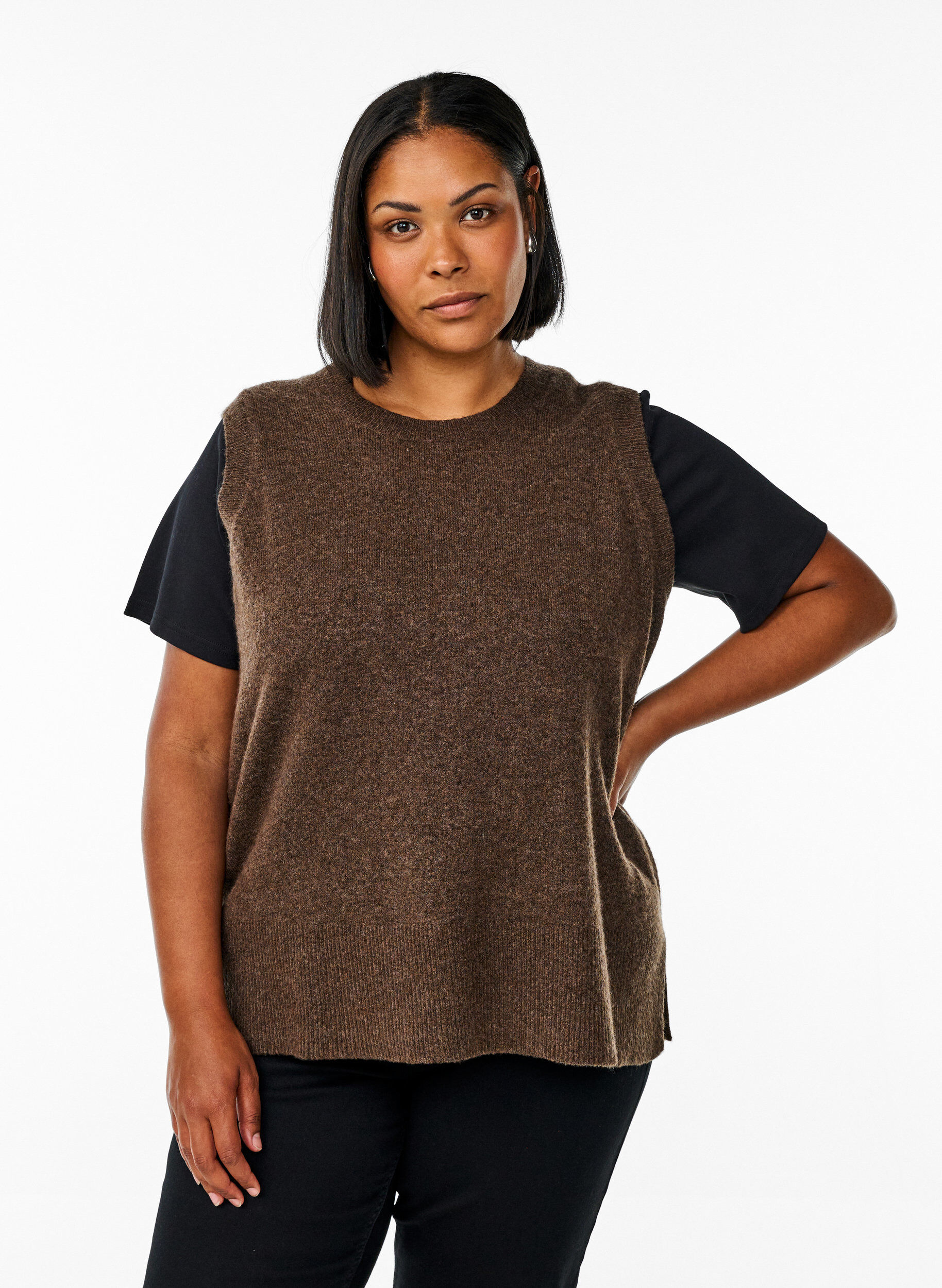 Zizzi Gilet tricot&eacute; avec bords c&ocirc;tel&eacute;s, Vert fonc&eacute;, Model image number 0